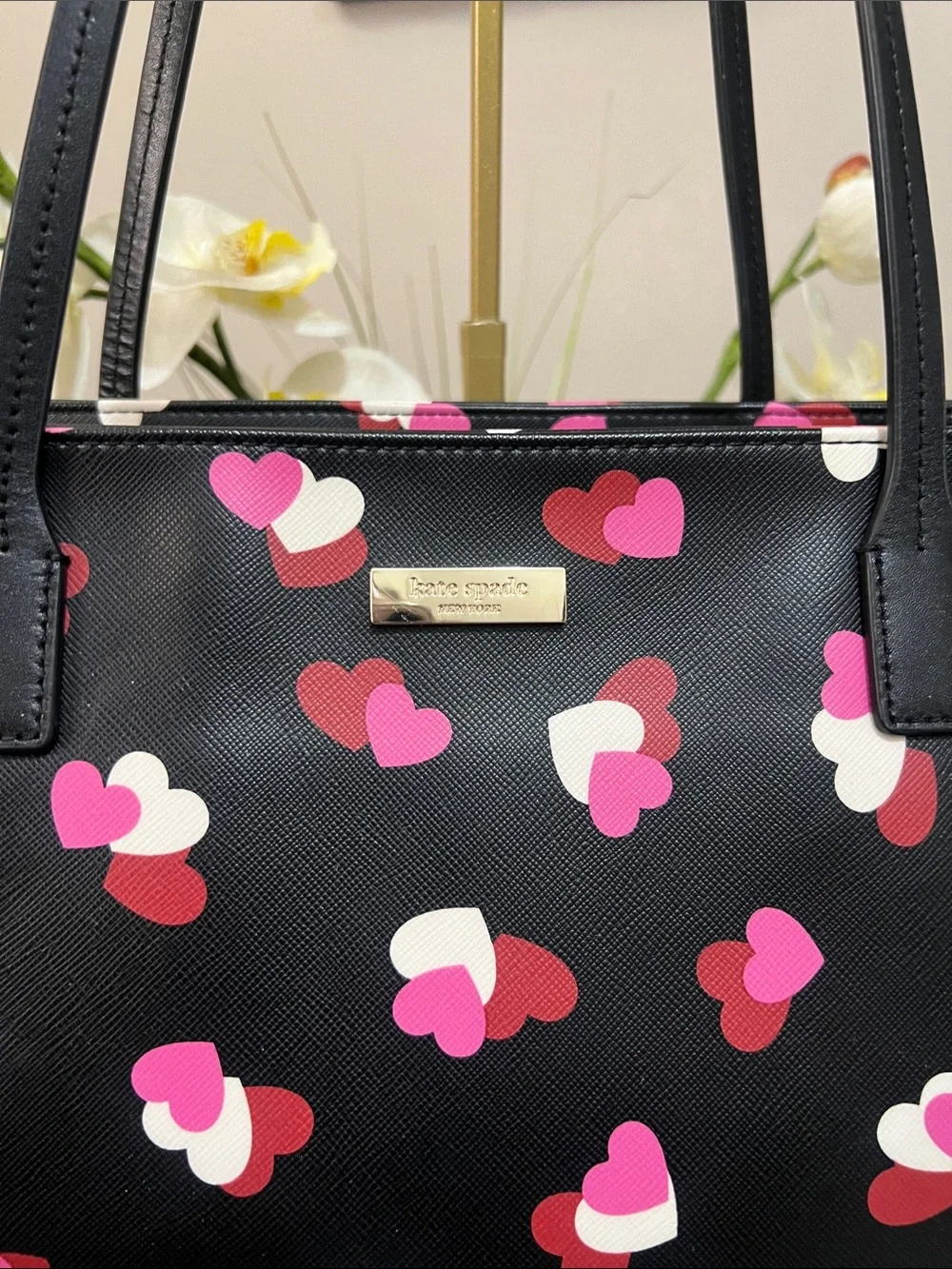 Kate Spade Margareta Black Tote with Pink and White Heart Print EUC retail $359